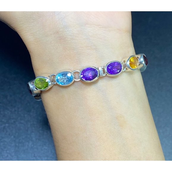 Doug Paulus 925 Multi Gemstone Bracelet Chain Link Designer Signed 7 inches Fine - Picture 3 of 7